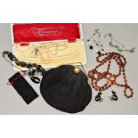 A SMALL SELECTION OF COSTUME JEWELLERY AND AN EVENING BAG, to include a graduated triple row
