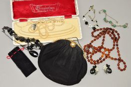 A SMALL SELECTION OF COSTUME JEWELLERY AND AN EVENING BAG, to include a graduated triple row