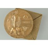 A WWI MEMORIAL DEATH PLAQUE, in carded envelope, lovely condition named John Porter, reserve has