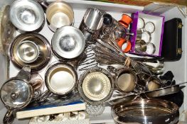 A PAIR OF SILVER NAPKIN RINGS, plated napkin rings, cased and loose cutlery and flatware, tea wares,