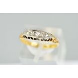 A GOLD EARLY 20TH CENTURY DIAMOND HALF HOOP RING, five old Swiss and eight cut diamonds totalling