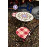 A CIRCULAR CONTINENTAL TILE TOP GARDEN TABLE, together with a matching pair of folding chairs (3)
