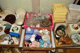 FIVE BOXES AND LOOSE CERAMICS, GLASS, etc, to include Coalport 'Ming Rose', Wedgwood trinkets,