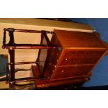 A BURR WALNUT TWO DOOR TV CABINET, together with a mahogany tea trolley (2)