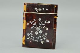 A VICTORIAN TORTOISESHELL CARD CASE, inlaid with mother of pearl floral sprays, has losses to the