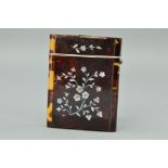 A VICTORIAN TORTOISESHELL CARD CASE, inlaid with mother of pearl floral sprays, has losses to the