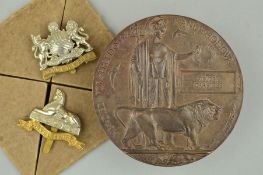 A WWI MEMORIAL DEATH PLAQUE, in its card envelope named Fielden Crabtree, together with copied