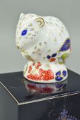 A BOXED ROYAL CROWN DERBY PAPERWEIGHT, 'Derby Dormouse', gold stopper