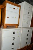 THREE VARIOUS WHITE THREE DRAWER BEDSIDE CHEST a bedside cabinet and an occasional coffee table (5)