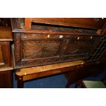 AN EARLY 20TH CENTURY CARVED OAK BLANKET CHEST, approximate width 106cm, together with a pine