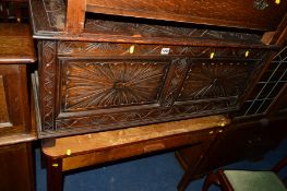 AN EARLY 20TH CENTURY CARVED OAK BLANKET CHEST, approximate width 106cm, together with a pine