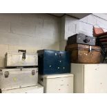 A TIN TRUNK, a smaller aluminium chest, flight case and two wooden chest (5)