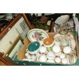 A BOX AND LOOSE CERAMIC, SUNDRY ITEMS etc, to include Royal Worcester coffee cans and saucers,