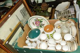 A BOX AND LOOSE CERAMIC, SUNDRY ITEMS etc, to include Royal Worcester coffee cans and saucers,
