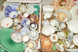 TWO BOXES OF VARIOUS CERAMICS, SHELLS, etc, to include Royal Crown Derby, Royal Worcester, Minton,
