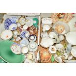 TWO BOXES OF VARIOUS CERAMICS, SHELLS, etc, to include Royal Crown Derby, Royal Worcester, Minton,