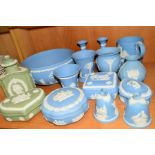 A GROUP OF WEDGWOOD PALE BLUE AND GREEN JASPERWARES, to include tankard, footed bowl, covered