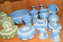 A GROUP OF WEDGWOOD PALE BLUE AND GREEN JASPERWARES, to include tankard, footed bowl, covered