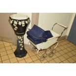 A LEEWAY DOLLS PRAM, white steel body with blue hood and cover, c.1950's-1960's, length