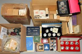 FOUR BOXES OF MIXED COINAGE, to include proof sets in silver from many countries year sets tokens,