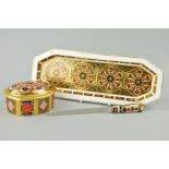 A ROYAL CROWN DERBY OLD IMARI TRINKET BOX, '1128' pattern gold banded, to commemorate the opening of