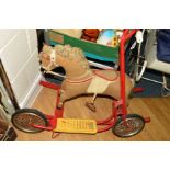 A WOODEN ROCKING HORSE, plush covered, fabric mane and tail, painted wooden mouth and hooves,