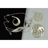 FOUR ITEMS OF DESIGNER JEWELLERY to include a circular openwork pendant by Ola M Gorie, length 54mm,
