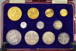 A GOLD FIVE POUND TO 3D COIN SET, Victoria 1887 Jubilee eleven coins, gold five pounds, double