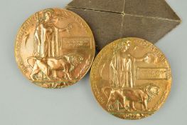TWO WWI MEMORIAL DEATH PLAQUES, to brothers, plaque named Arthur John Bradbury, J/1487 Royal Navy,