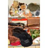 A BOX OF VINTAGE HATS, SCARVES AND HANDBAGS, etc, together with a box of soft toys and teddy