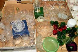 THREE BOXES OF CUT/COLOURED AND PRESSED GLASSWARES, to include Stuart Crystal bowl, two decanters,