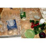 THREE BOXES OF CUT/COLOURED AND PRESSED GLASSWARES, to include Stuart Crystal bowl, two decanters,