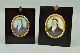TWO EARLY 19TH CENTURY OVAL PORTRAIT MINIATURES OF GENTLEMEN, both with white neckerchiefs and black