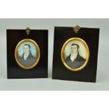 TWO EARLY 19TH CENTURY OVAL PORTRAIT MINIATURES OF GENTLEMEN, both with white neckerchiefs and black