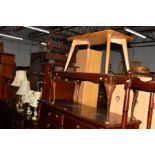 A MODERN MAHOGANY SIDEBOARD with three drawers, a mahogany nest of three tables, a similar coffee