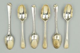 A MATCHED SET OF SIX GEORGE III BEAD PATTERN DESSERT SPOONS, engraved crest, London 1777/78, 6.7