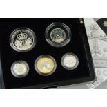 A ROYAL MINT FIVE COIN PIEDFORT SET OF PROOF SILVER COINS, five pound, two pound, 2 x one pound