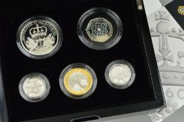 A ROYAL MINT FIVE COIN PIEDFORT SET OF PROOF SILVER COINS, five pound, two pound, 2 x one pound