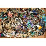 A BOX OF COSTUME JEWELLERY to include imitation pearl necklaces, further necklaces, earrings,