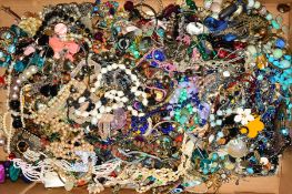 A BOX OF COSTUME JEWELLERY to include imitation pearl necklaces, further necklaces, earrings,