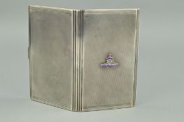 A SILVER CIGARETTE CASE, engine turned with Royal Regiment of Artilllery enamelled emblem to the
