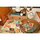 TWO BOXES AND LOOSE SUNDRY ITEMS, to include beer mats, books, light fittings, metalwares, etc