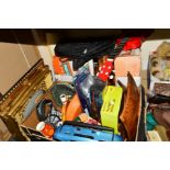 TWO BOXES AND LOOSE SUNDRY ITEMS, to include a Yamaha FG-25 Ukulele, Black & Decker sander, Poole