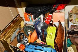 TWO BOXES AND LOOSE SUNDRY ITEMS, to include a Yamaha FG-25 Ukulele, Black & Decker sander, Poole