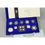 MILLENNIUM SILVER PROOF COIN COLLECTION OF THIRTEEN COINS, with Maundy coins and certificates of