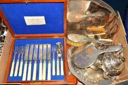 A BOX OF SILVER PLATE INCLUDING AN OVAL TRAY, silver backed dressing table mirror and brush, tea