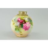 A ROYAL WORCESTER POT POURRI VASE of globular form, with rose painted decoration, puce backstamp and