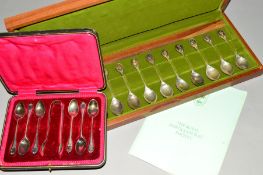 A CASED SET OF TWELVE SILVER AND SILVER GILT ROYAL HORTICULTURAL SOCIETY FLOWER SPOONS, with