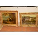 TWO OIL PAINTINGS, featuring horses, the first of a female figure driving a horse and cart to