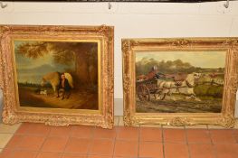 TWO OIL PAINTINGS, featuring horses, the first of a female figure driving a horse and cart to